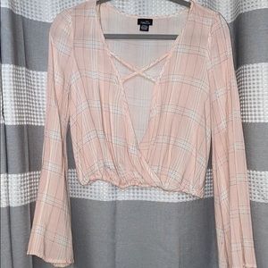 Open front plaid blouse with flair sleeves!